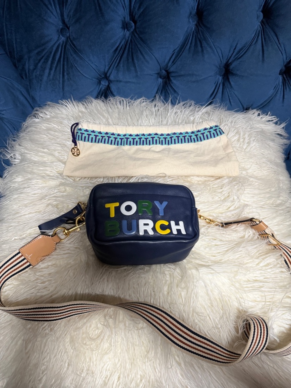 Tory Burch Navy Leather Crossbody with Multicolor Logo